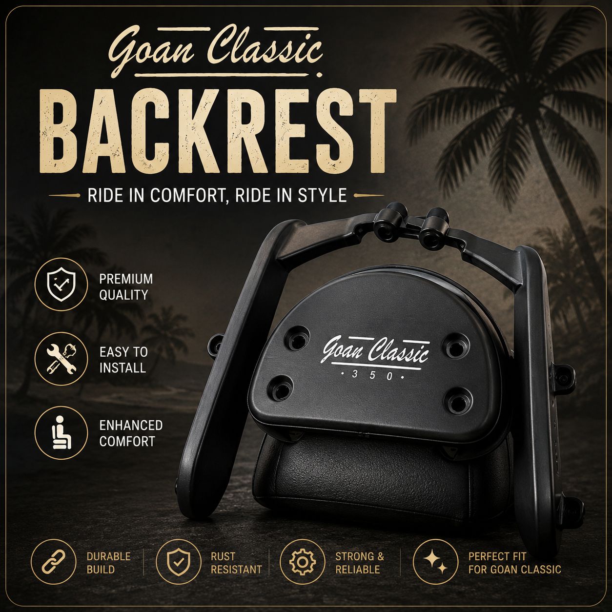 Goan Classic 350 heavy duty backrest with luggage carrier for Royal Enfield motorcycle