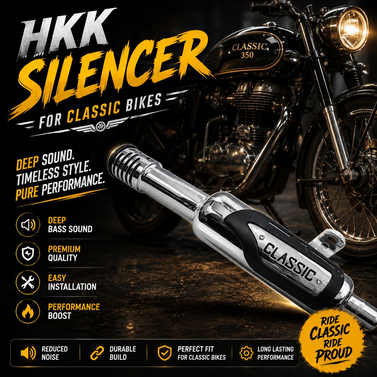 HKK deep bass silencer exhaust for Royal Enfield Classic 350 motorcycle