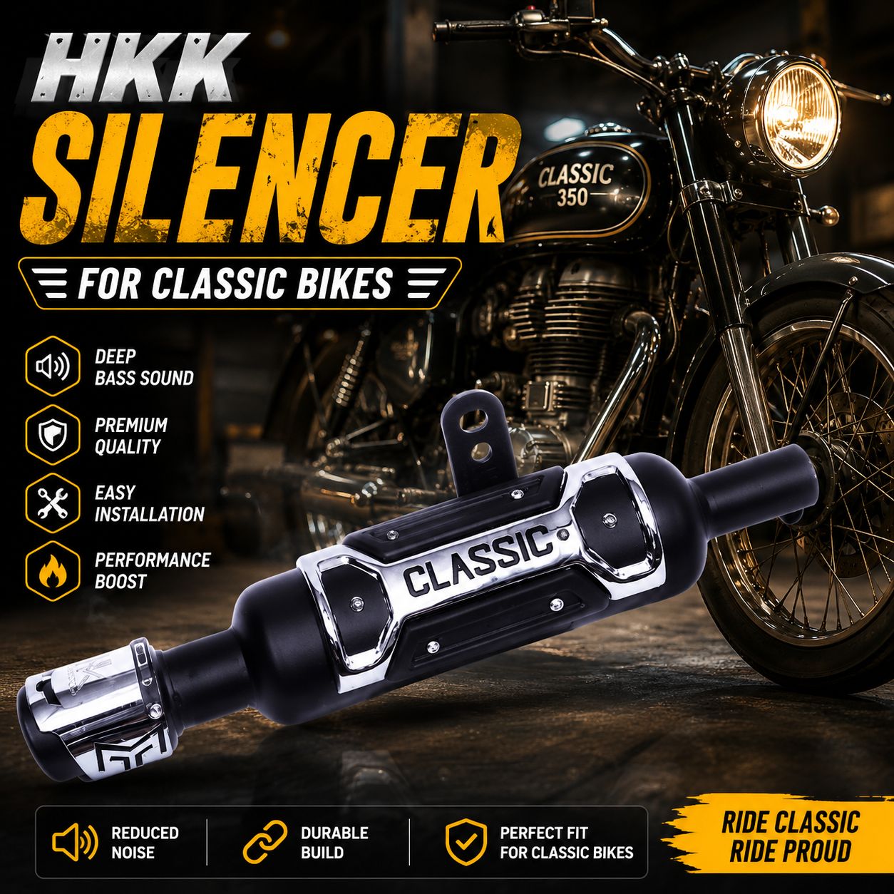 HKK classic bike silencer with deep bass exhaust for Royal Enfield Classic 350