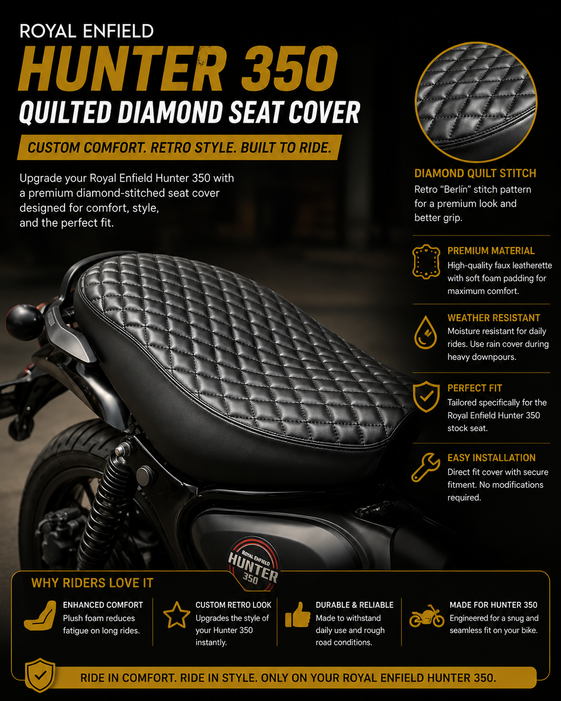 Royal Enfield Hunter 350 Diamond Seat Cover  | Quilted Premium Comfort Seat (PU Leather)