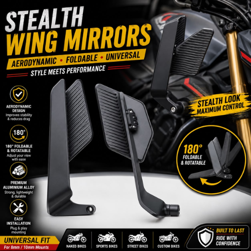 Stealth Wing Mirrors for Bike | Foldable Aerodynamic Rear View Mirrors (Universal Fit, 180° Adjustable)