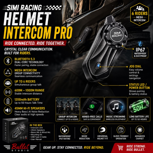 Helmet Bluetooth Intercom for Motorcycle | SIMI Racing Intercom Pro (6 Rider Connectivity, 1000m Range)