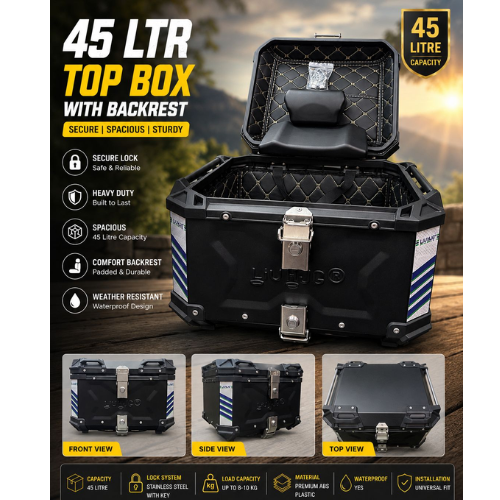 HJG 45L Aluminium Top Box for Motorcycle | Heavy Duty Waterproof Bike Luggage Box | Universal Rear Carrier Storage with Lock System