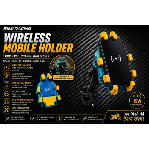 Simi Racing Wireless Mobile Holder for Bike | 15W Fast Charging Motorcycle Phone Mount