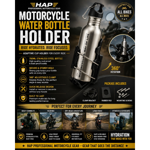 Motorcycle Water Bottle Holder with Steel Bottle | 360° Handlebar Mount Drink Holder (Universal Fit)