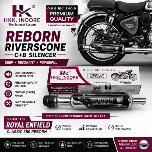HKK Indore Reborn Reverse Cone Silencer | Royal Enfield Classic 350 Exhaust (Chrome Finish)