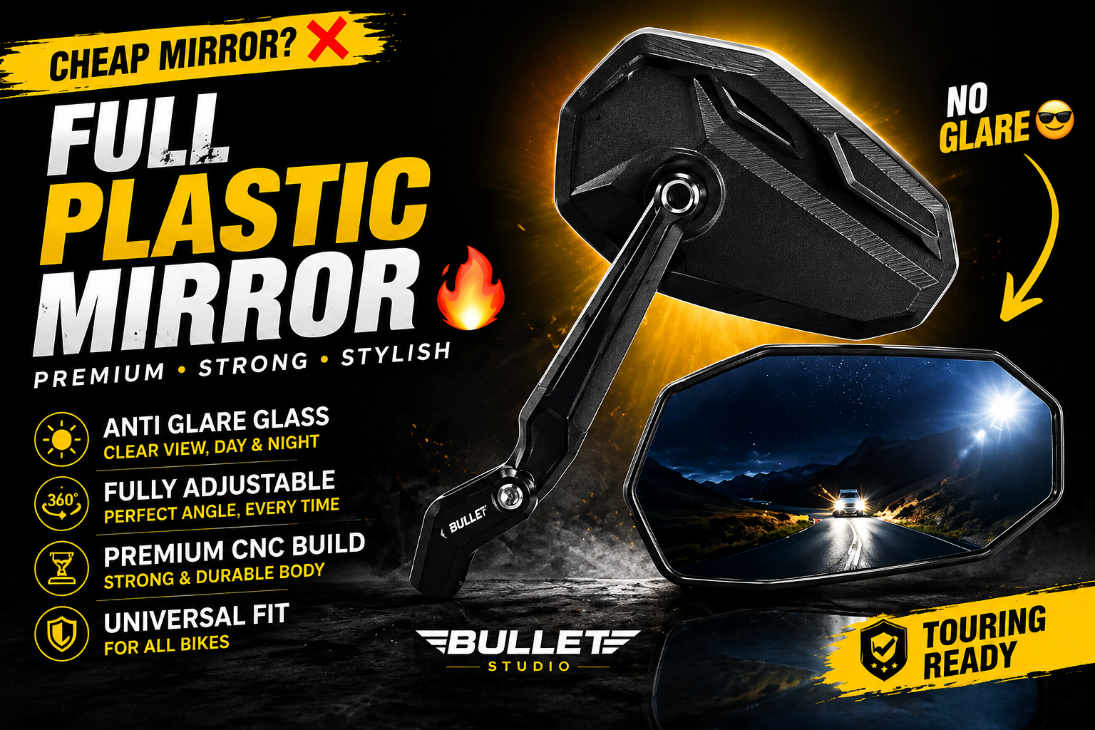 Plastic  Motorcycle Rear View Mirror | Anti-Glare Adjustable Bike Mirrors (Universal Fit)