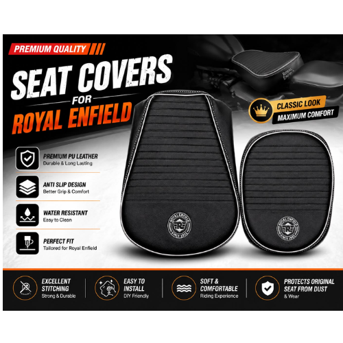 Royal Enfield Seat Cover Premium Ribbed | Anti-Slip PU Leather Seat Cover for Rider & Pillion