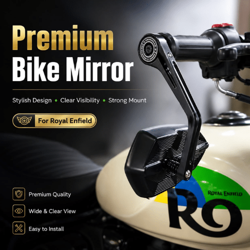 Premium Bike Rear View Mirror for Royal Enfield with stylish black finish, wide clear visibility, strong mounting and premium custom design.