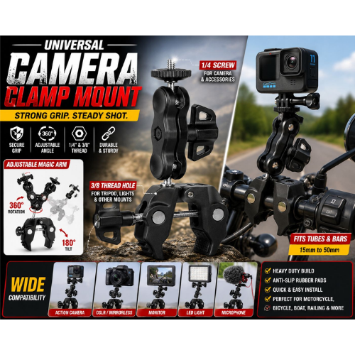 Universal camera clamp mount for bike with 360 degree magic arm action camera holder